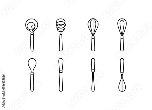simple outline stroke icon isolated on white background danish dough whisk spiral wire mixing handle bread whisk steel loop wooden grip stirring tool rustic mixer
