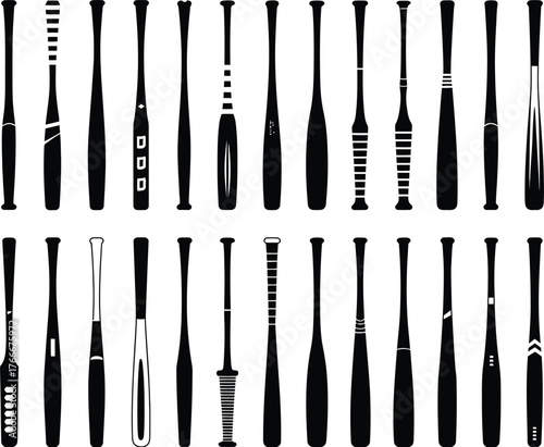 A collection of monochrome vector illustrations depicting a variety of baseball bats