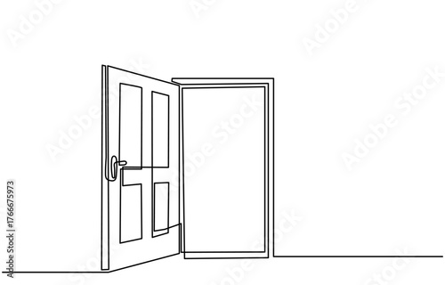 continuous line drawing of an open door, concept of opportunity, freedom, and new beginnings, open door isolated on a white background.One-line open door vector illustration.