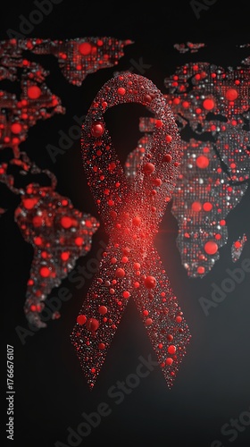 Symbolic illustration of a virus particle featuring a red awareness ribbon, highlighting unity, medical research, and the importance of global health initiatives in combating HIV/AIDS.
