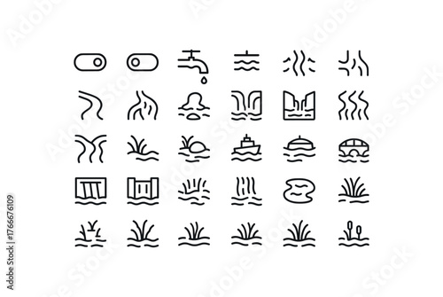 of vector outline icons. outline stroke user interface icons style on clean white background Nature (rivers) stream on stream off flow open flow closed run active run inactive river bend