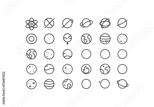 of vector outline icons. outline stroke user interface icons style on clean white background Space (planets) scope on scope off orbit open orbit closed spin active spin inactive mercury