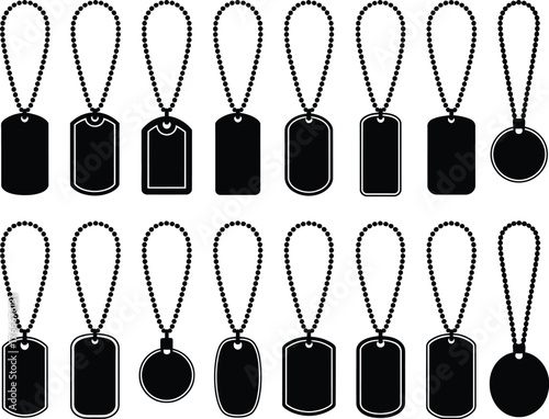 Black and White Illustration of Various Dog Tag Designs on Chains