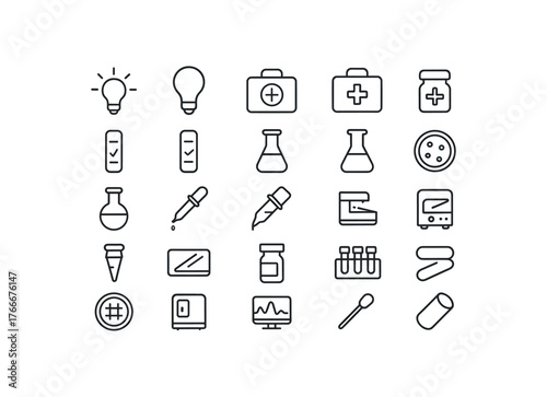 of vector outline icons. outline stroke user interface icons style on clean white background Healthcare (lab) light on light off case open case closed test active test inactive test tube
