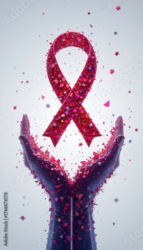 Symbolic illustration of a virus particle featuring a red awareness ribbon, highlighting unity, medical research, and the importance of global health initiatives in combating HIV/AIDS.