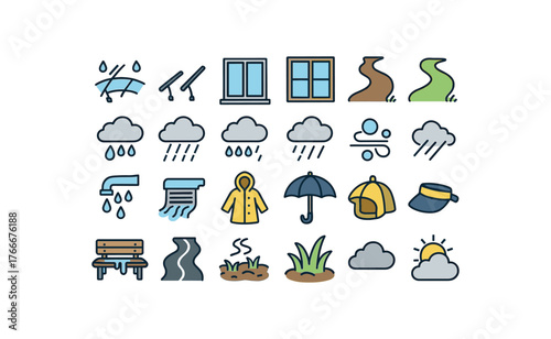 of vector colored flat icons. outline stroke user interface simple colored icons style Spring (rainy days) wiper on wiper off window open window closed path active path inactive light rain