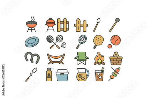 of vector colored flat icons. outline stroke user interface simple colored icons style Summer (outdoor fun) grill on grill off gate open gate closed match active match inactive frisbee disc