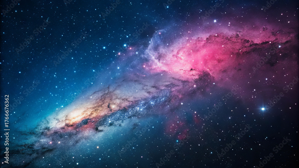 Fototapeta premium A breathtaking view of the Andromeda galaxy showcasing brilliant pink and blue hues against a backdrop of countless stars. This cosmic scene captures the vastness of the universe