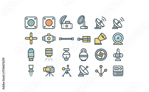 of vector colored flat icons. outline stroke user interface simple colored icons style Space (instruments) sensor on sensor off cover open cover closed stream active stream inactive tracker