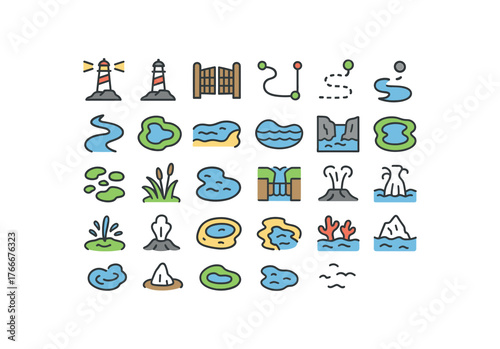of vector colored flat icons. outline stroke user interface simple colored icons style Nature (waterforms) beacon on beacon off gate open gate closed route active route inactive river bend