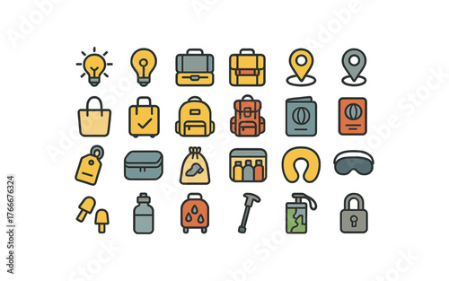 of vector colored flat icons. outline stroke user interface simple colored icons style Travel (gear) light on light off bag open bag closed tracking active tracking inactive carry bag