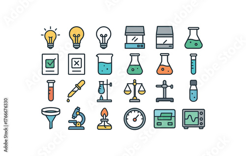of vector colored flat icons. outline stroke user interface simple colored icons style Education (science) light on light off hood open hood closed test active test inactive beaker glass
