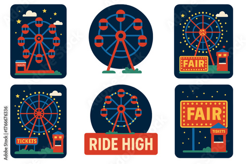 Colorful fair carnival theme with ferris wheel and ticket booth illustrations at night