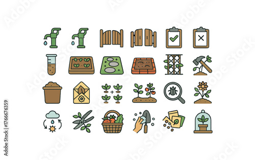 of vector colored flat icons. outline stroke user interface simple colored icons style Gardening (process) pump on pump off gate open gate closed task active task inactive soil test bed