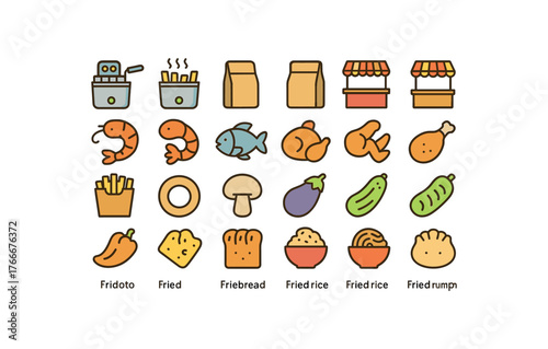 of vector colored flat icons. outline stroke user interface simple colored icons style Street Food (fried) fryer on fryer off bag open bag closed stall active stall inactive fried shrimp