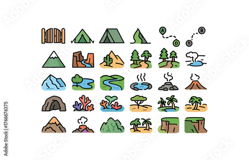 of vector colored flat icons. outline stroke user interface simple colored icons style Travel (nature) gate open gate closed tent on tent off route active route inactive mountain peak