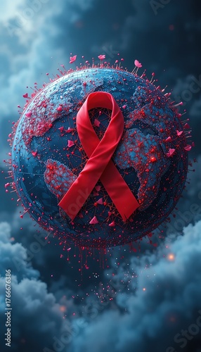 Symbolic illustration of a virus particle featuring a red awareness ribbon, highlighting unity, medical research, and the importance of global health initiatives in combating HIV/AIDS.
