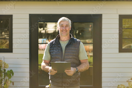 man holding a clipboard in front of inspect house