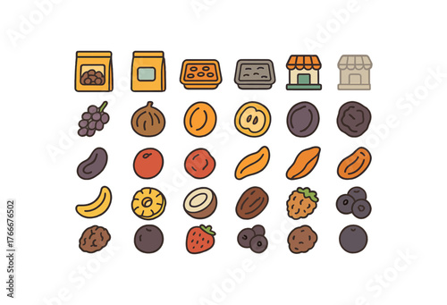 of vector colored flat icons. outline stroke user interface simple colored icons style Fruits (dried) pack open pack closed tray on tray off store active store inactive raisin bunch dried