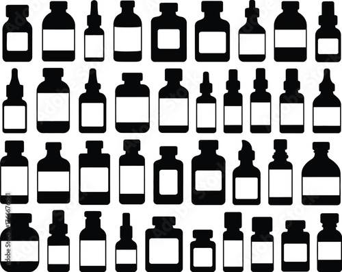 A collection of various black and white bottle icons, representing containers for medicine, supplements, or other liquids