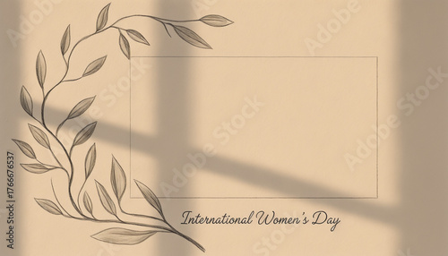 Elegant leaves frame with shadow for International Women's Day, space for text
  