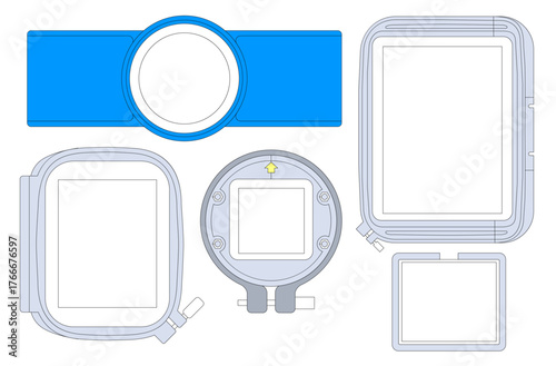Embroidery hoops for machine stitching and fabric stabilization. Different hoop types and frames. Vector illustration
