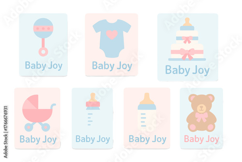 Fun and colorful baby-themed designs featuring various baby items suitable for a nursery or baby shower decoration
