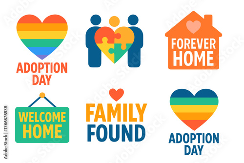 Adoption day celebration with colorful graphics representing love and family unity at a warm event