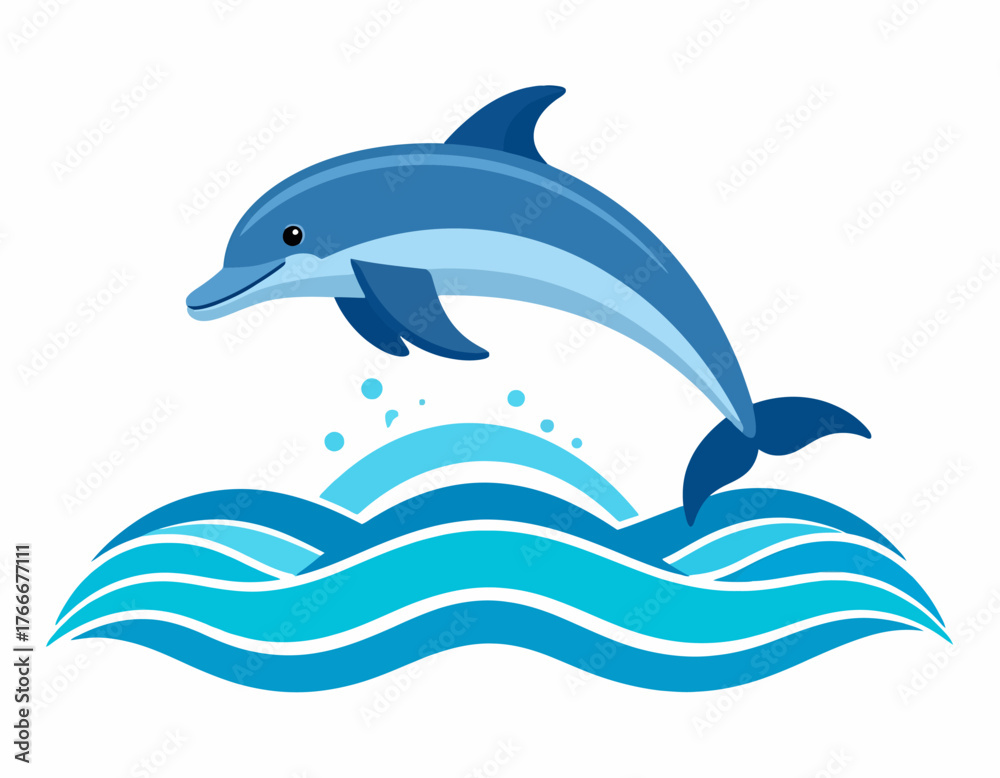 Fototapeta premium Dolphin leaping from ocean waves in a playful aquatic scene, vibrant illustration