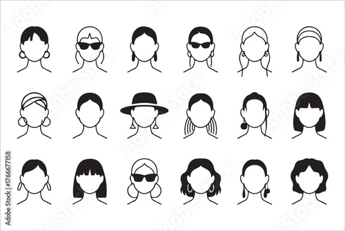  Collection of diverse faceless female portraits in a minimalist sketch style