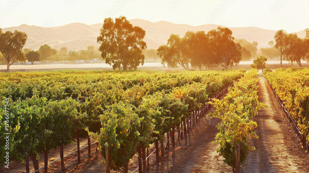 Naklejka premium vineyard. Golden hour vineyard landscape with rows of grapevines extending toward rolling hills, travel magazines, destination branding, designed for outdoor magazines and nature guides.