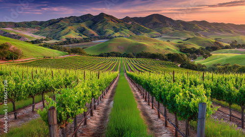 Wallpaper Mural vineyard. Golden hour vineyard landscape with rows of grapevines extending toward rolling hills, travel magazines, destination branding, designed for outdoor magazines and nature guides. Torontodigital.ca