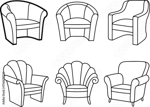 A black and white line drawing illustrating a diverse collection of six upholstered armchairs for interior design concepts
