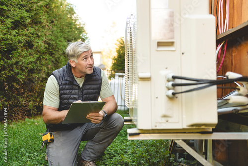Technician working on air conditioning or heat pump outdoor unit