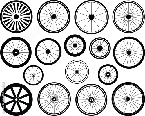 Collection of Black Bicycle Wheels Vector Illustration