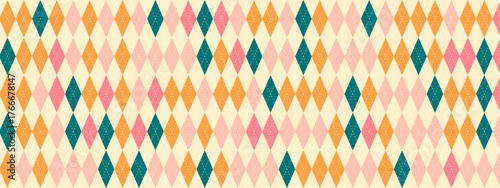 Modern argyle seamless background with pastel check elements. Diamond shapes in pink, orange, green create repeating pattern with line accents. Vector backdrop for cozy fabric and wallpaper designs