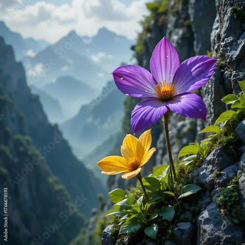 Fototapeta Naklejka Na Ścianę i Meble -  Macro View of Vibrant Purple and Yellow Fantasy Flowers on Rocky Cliff with Misty Mountain Backdrop.