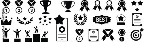 A Collection of Black and White Award and Recognition Icons, Including Trophies, Medals, Ribbons, and Certificates