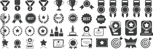 Collection of Various Award Icons Medals, Trophies, Laurel Wreaths, Stars, and Achievement Badges