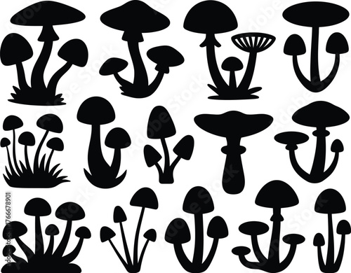 A diverse collection of black mushroom silhouettes, a vector set of assorted fungi and toadstool icons