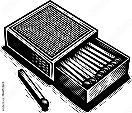 An illustration depicts an open box of matches with several matchsticks inside and one single matchstick lying beside it on a white background.