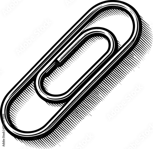 A classic silver paperclip rendered in a black and white illustration style. The office supply sits on a plain white background, casting a subtle shadow.