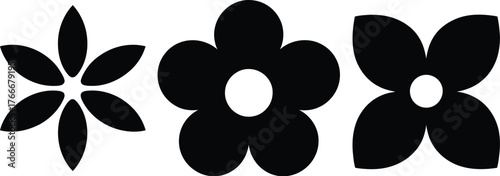 A set of three minimalist black and white flower icons, featuring simple geometric petal shapes in a clean, flat design style illustration