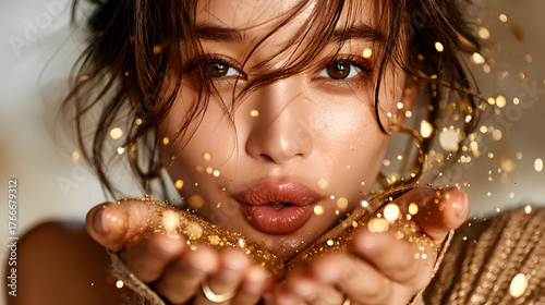 Wallpaper Mural Close-Up of Woman Blowing Shimmering Glitter with Soft Focus Background Torontodigital.ca