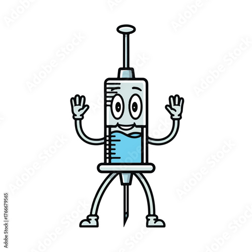 Isolated vector illustration of a happy syringe character, a friendly mascot for medical vaccination and healthcare