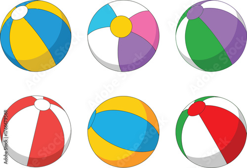 A vibrant collection of six colorful cartoon beach balls. Vector illustration set of summer inflatable toys isolated on a white background