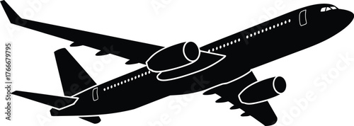 A simple black silhouette of a commercial passenger jet airplane taking off. Suitable for various design uses