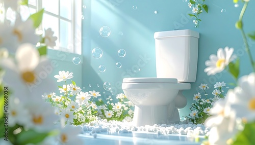 Whimsical Bathroom Haven Pristine Toilet Amidst Blooming Daisies and Floating Soap Bubbles, Bathed in Bright Sunlight for a Fresh and Clean Ambiance