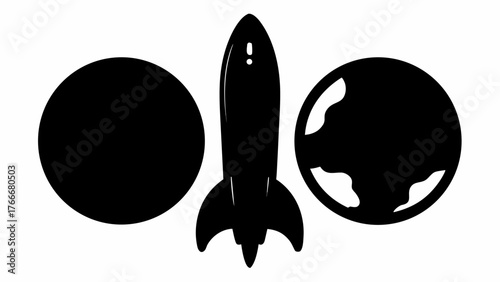 A silhouette of a rocket ship between a solid planet and a planet with visible continents