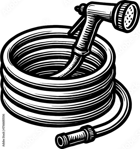 A detailed vintage illustration of a coiled garden hose with a metal sprayer nozzle attached. The hose is neatly wound and ready for use in watering plants in an outdoor garden or backyard.